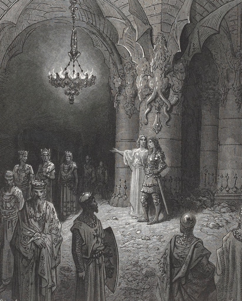 Bradamante et la devineresse Mélissa, Gustave Doré, 1516.
-
Combattante aguerrie et vaillante chevaleresse, elle porte une lance magique qui désarçonne tous ceux qu'elle touche. Elle tombe amoureuse du prince sarrasin Roger et l'épouse lorsqu'il se convertit au christianisme.