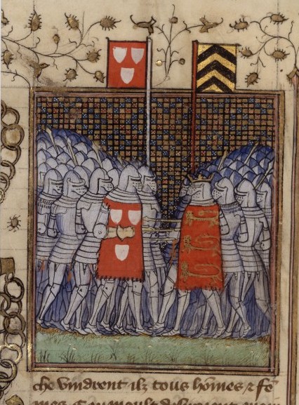 Geoffroi de Charny (à gauche) affrontant Édouard III lors de sa tentative pour reprendre Calais en 1349 et 1350, d'après un manuscrit enluminé des Chroniques de Froissart.